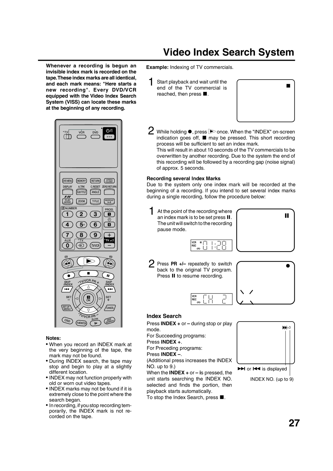 JVC HR-XV1EU manual Video Index Search System, Recording several Index Marks 