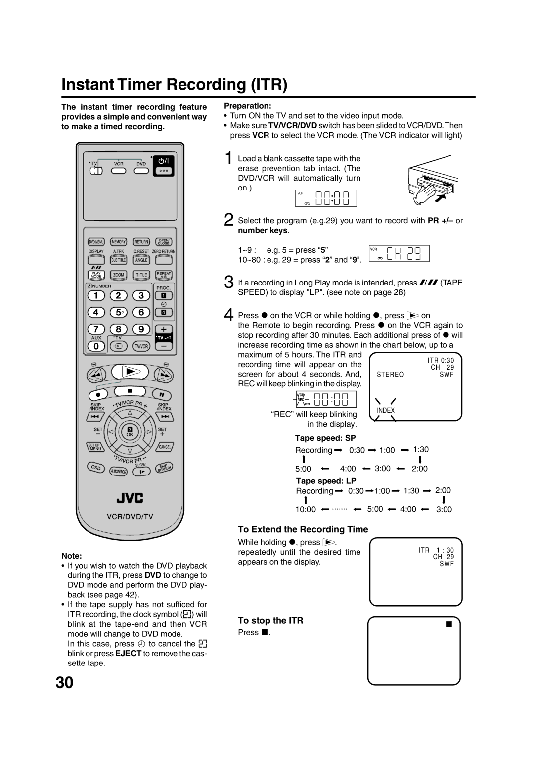 JVC HR-XV1EU manual Instant Timer Recording ITR, To Extend the Recording Time, To stop the ITR 