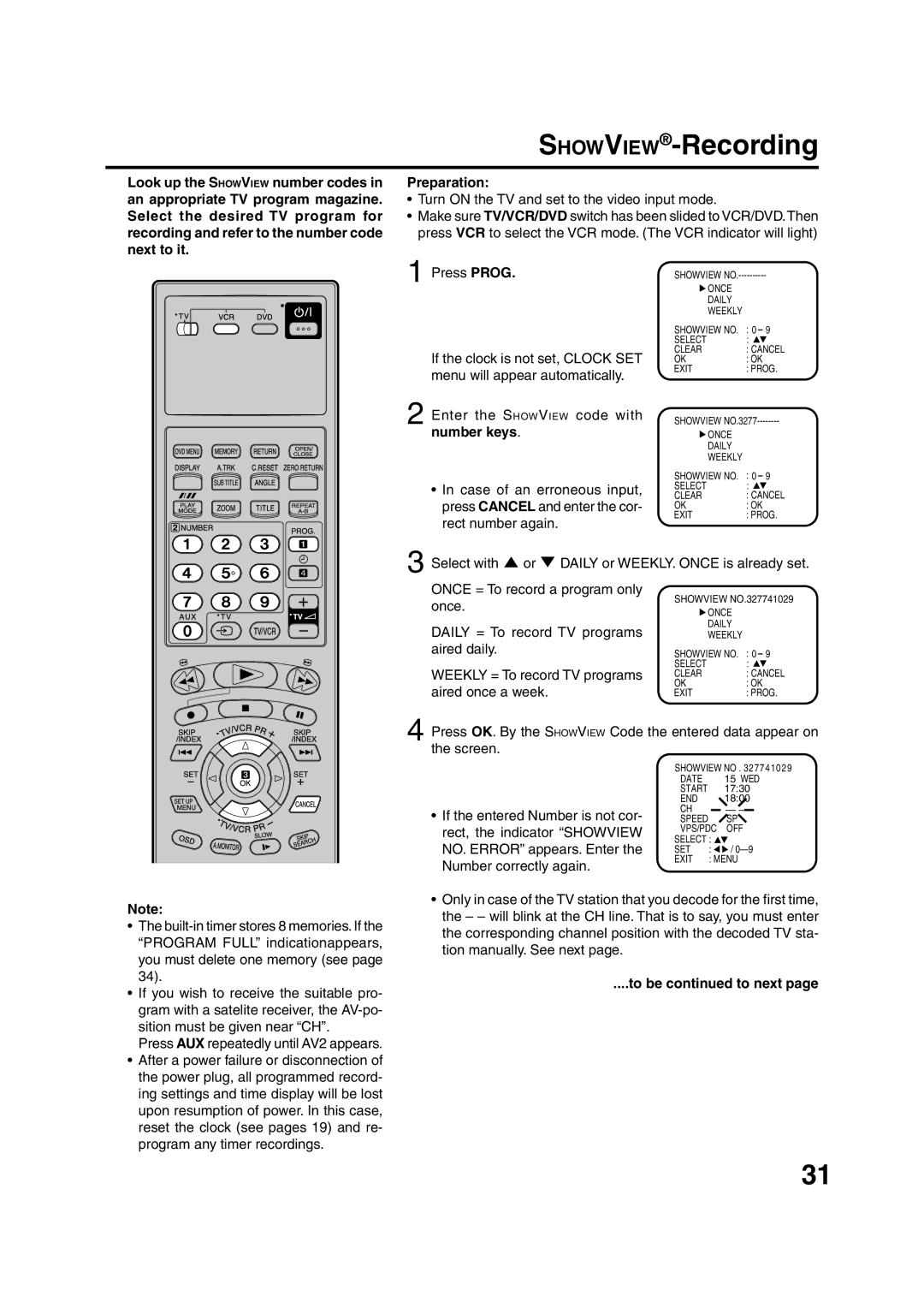 JVC HR-XV1EU manual SHOWVIEW-Recording, To be to next 