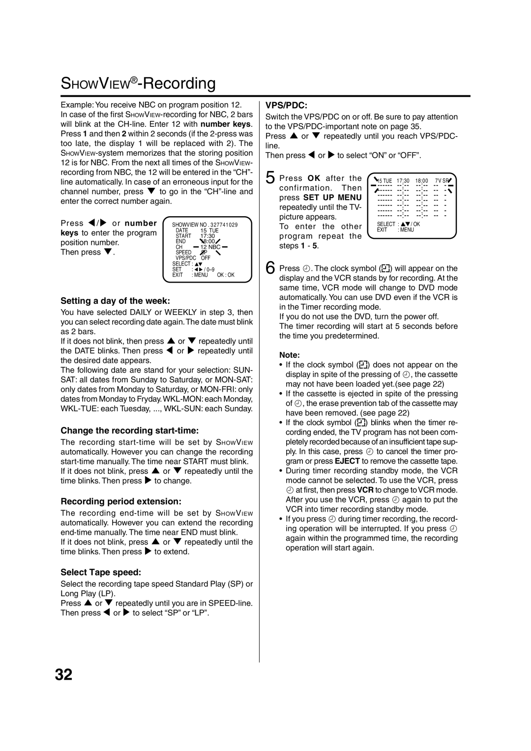 JVC HR-XV1EU SHOWVIEW-Recording, Setting a day of the week, Change the recording start-time, Recording period extension 