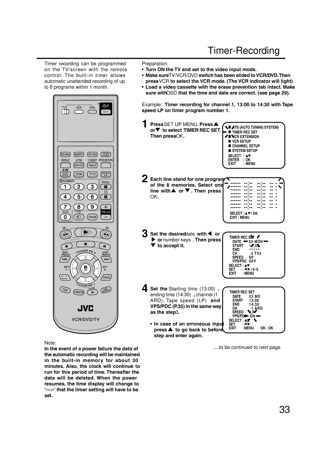 JVC HR-XV1EU manual Timer-Recording 