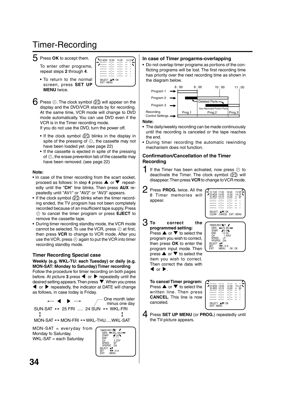 JVC HR-XV1EU manual Timer-Recording, Case of Timer progarms-overlapping, Confirmation/Cancellation of the Timer Recording 