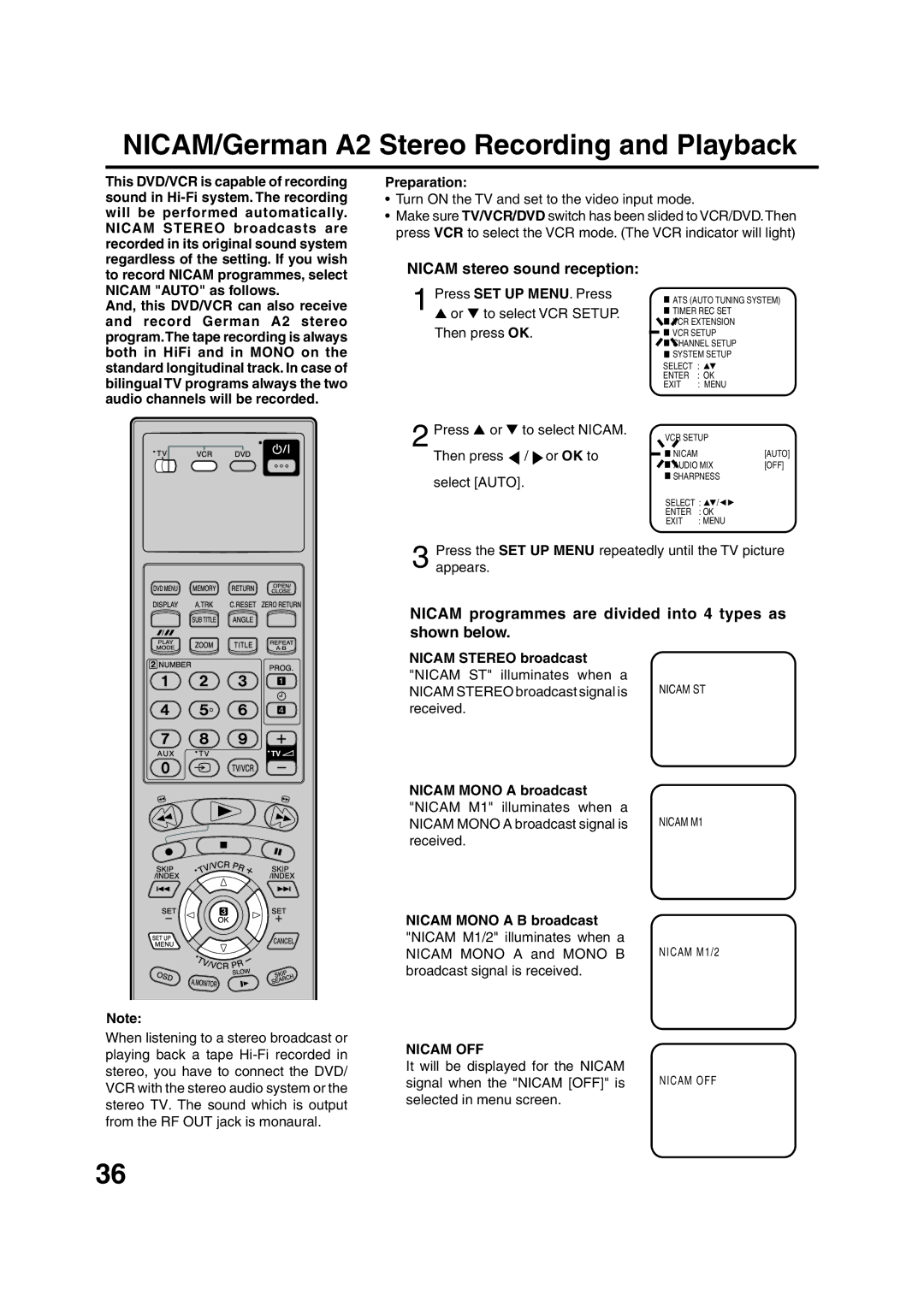 JVC HR-XV1EU manual NICAM/German A2 Stereo Recording and Playback, Nicam stereo sound reception, Nicam OFF 