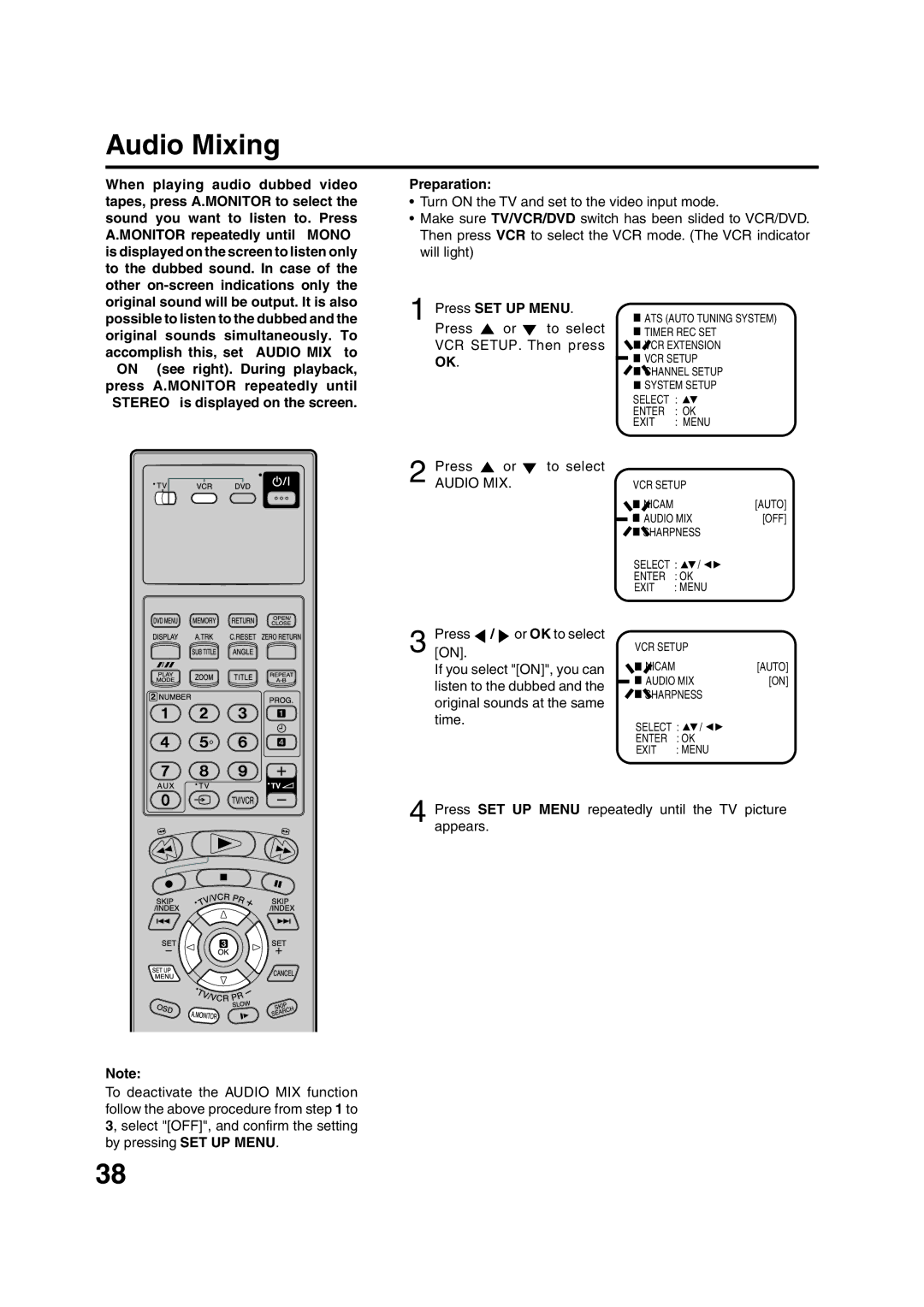 JVC HR-XV1EU manual Audio Mixing, Press or to select VCR SETUP. Then press, Audio MIX 