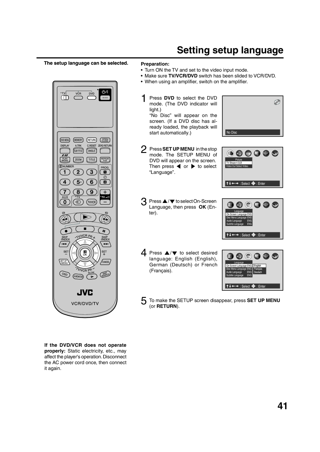 JVC HR-XV1EU manual Setting setup language, Setup language can be selected Preparation 