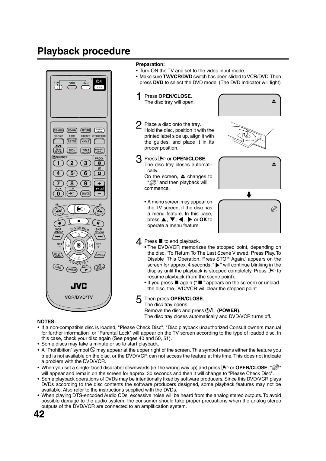 JVC HR-XV1EU manual Playback procedure, Press OPEN/CLOSE 