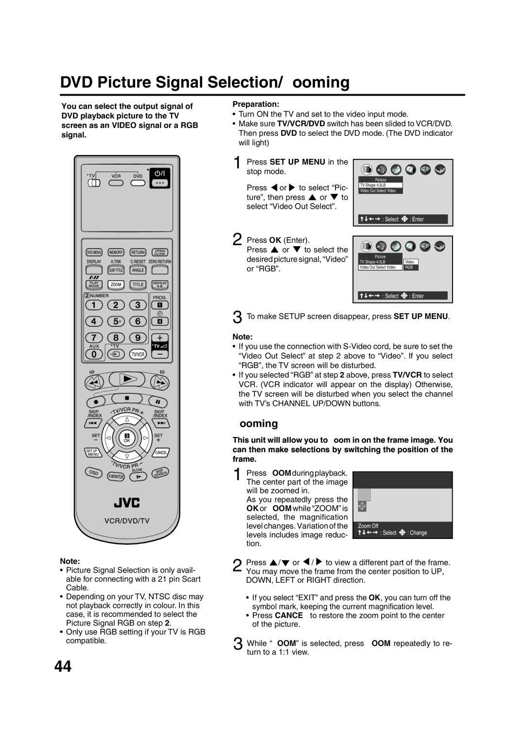 JVC HR-XV1EU manual DVD Picture Signal Selection/Zooming 