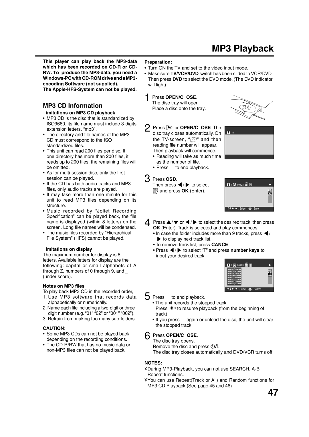 JVC HR-XV1EU manual MP3 Playback, MP3 CD Information, Limitations on MP3 CD playback, Limitations on display 