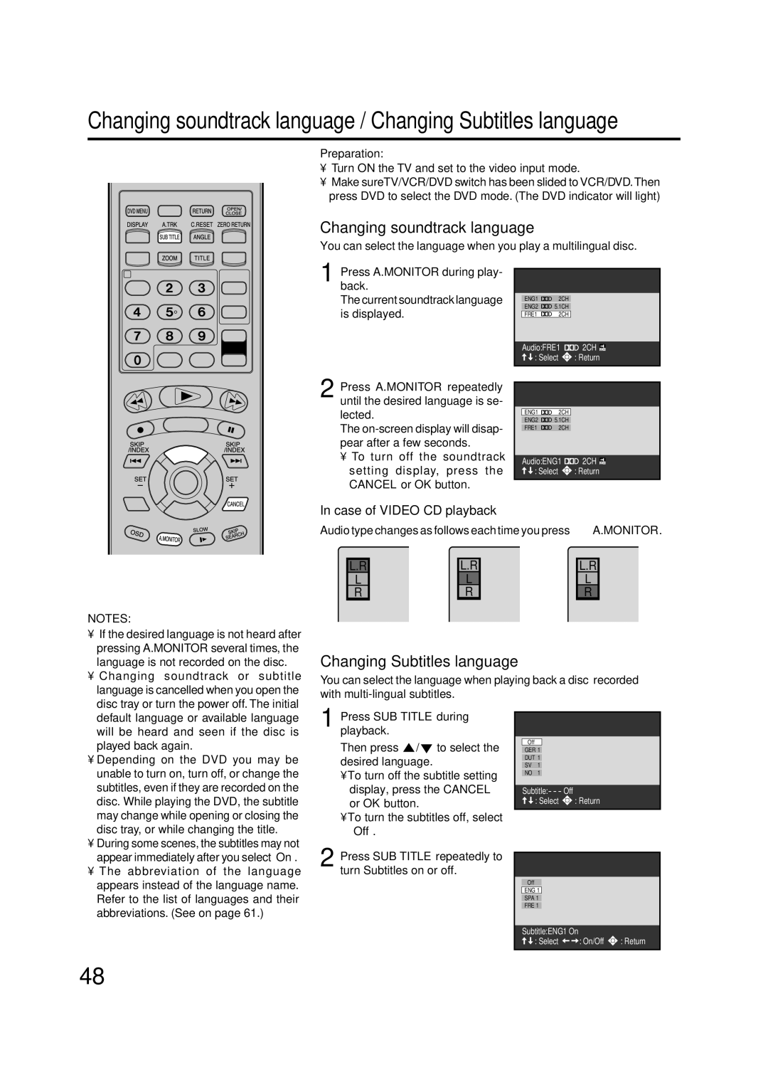 JVC HR-XV1EU Changing soundtrack language, Changing Subtitles language, Case of Video CD playback, Cancel or OK button 