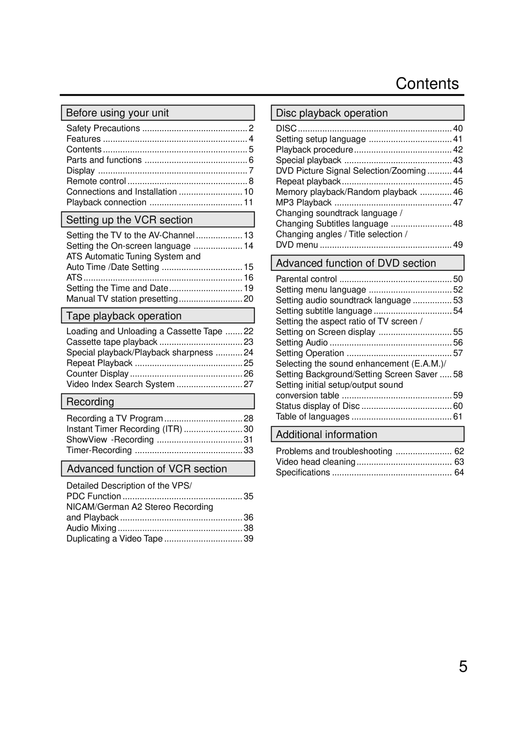 JVC HR-XV1EU manual Contents 