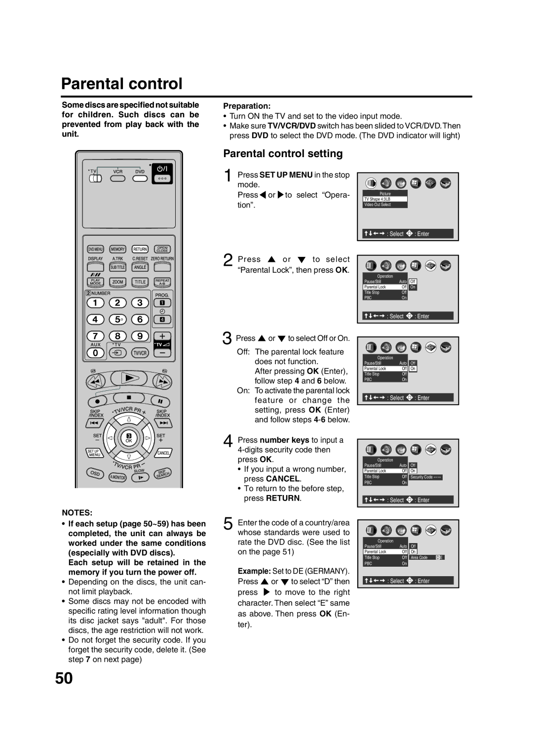 JVC HR-XV1EU manual Parental control setting, Depending on the discs, the unit can- not limit playback 