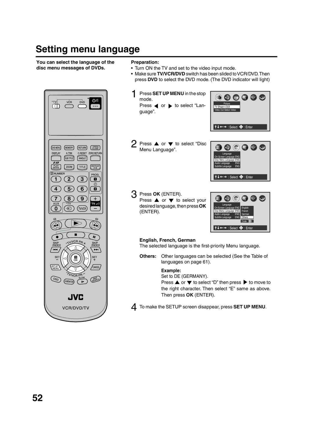 JVC HR-XV1EU manual Setting menu language, English, French, German, Example 