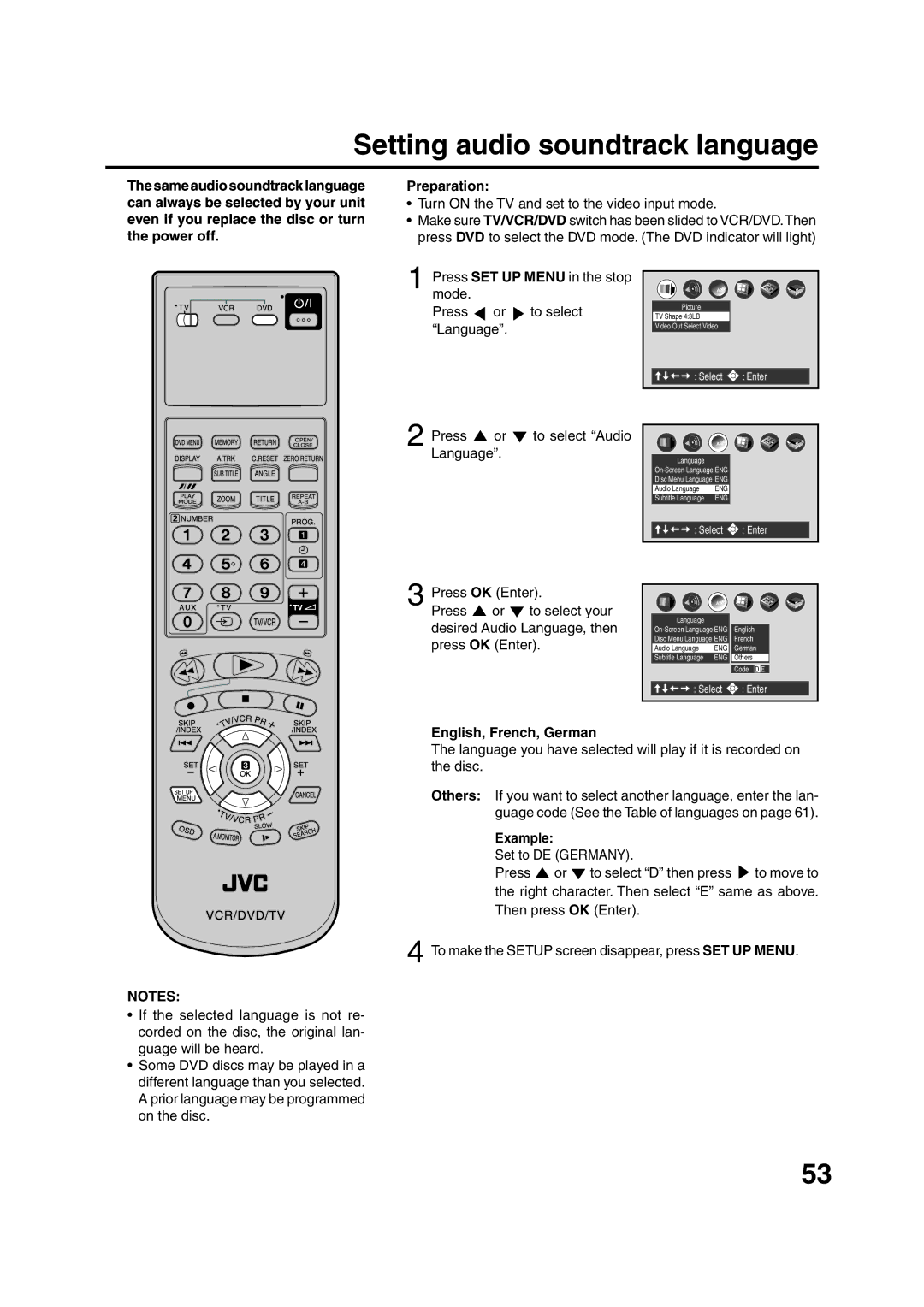 JVC HR-XV1EU manual Setting audio soundtrack language, Press or to select Audio Language 