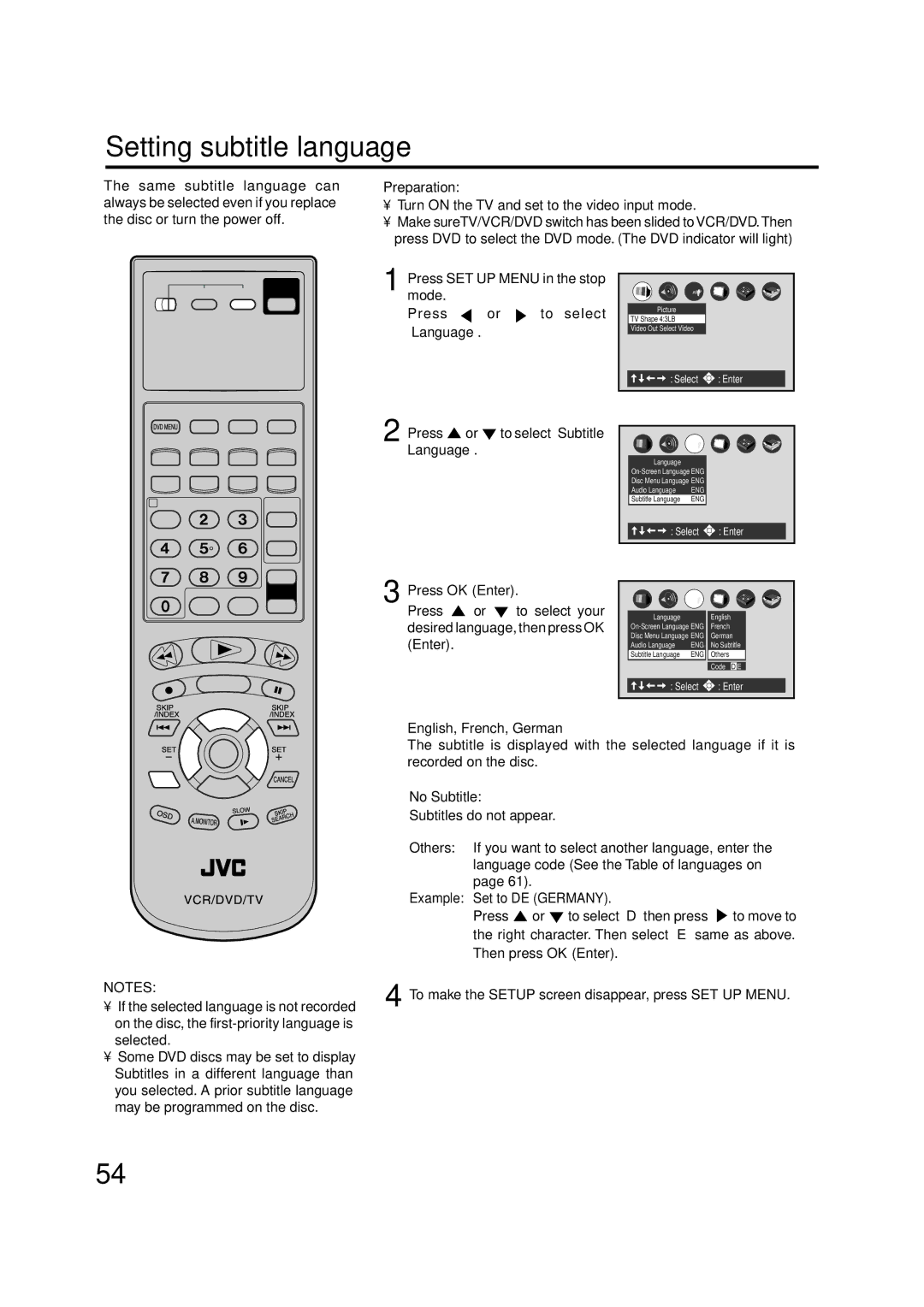 JVC HR-XV1EU manual Setting subtitle language, Press To select your Desired language, then press OK Enter, No Subtitle 