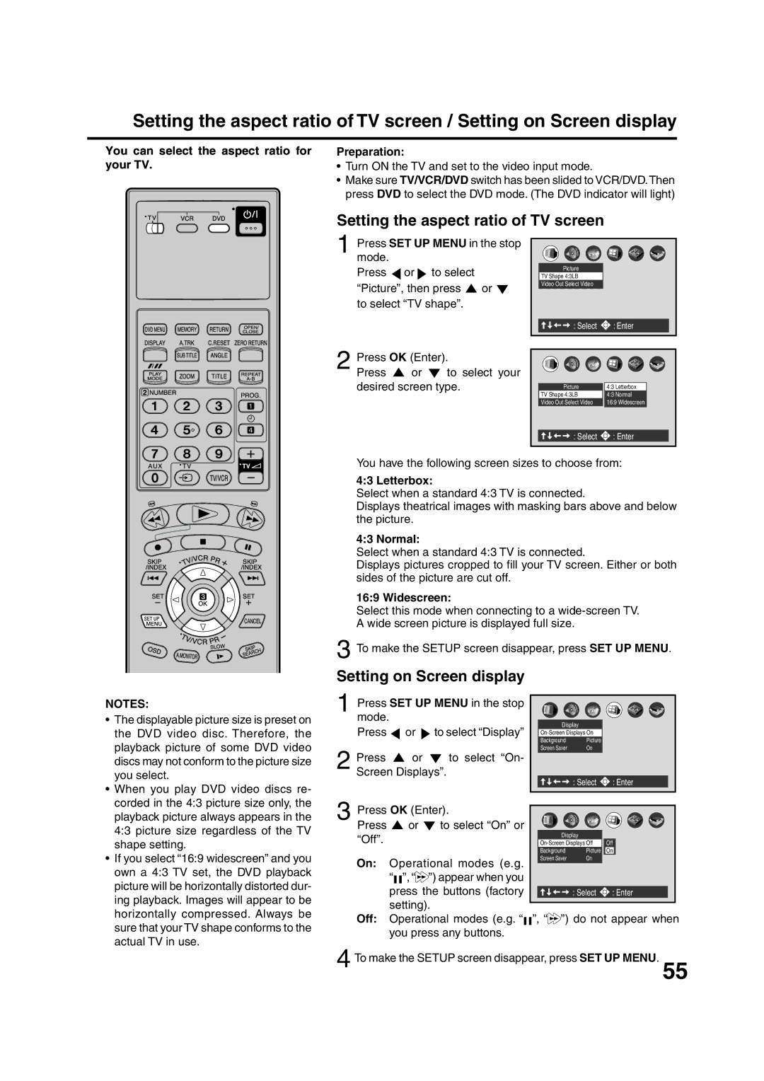 JVC HR-XV1EU manual Setting the aspect ratio of TV screen, Setting on Screen display 