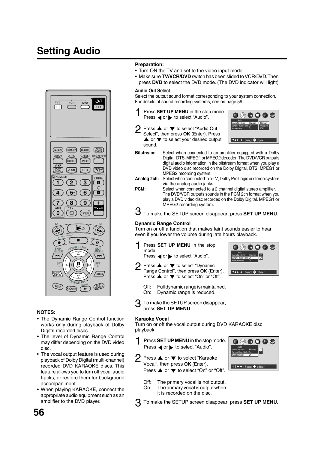 JVC HR-XV1EU manual Setting Audio, Audio Out Select, Dynamic Range Control, Karaoke Vocal 