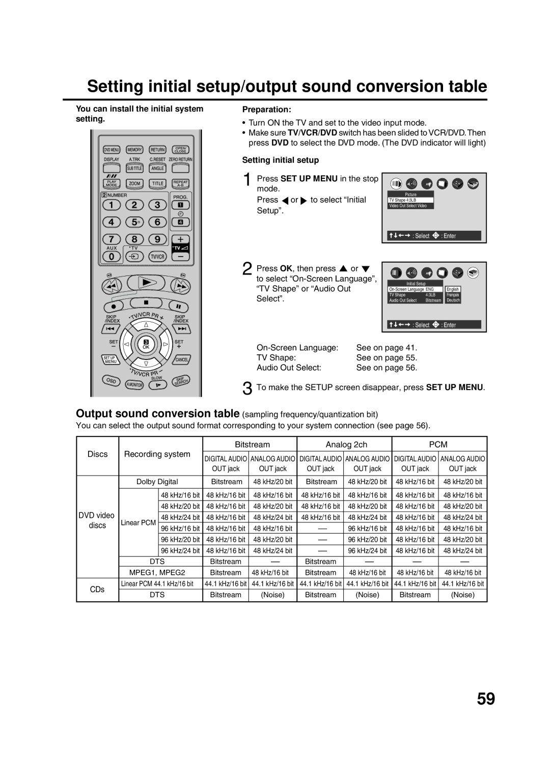 JVC HR-XV1EU Setting initial setup/output sound conversion table, You can install the initial system setting Preparation 