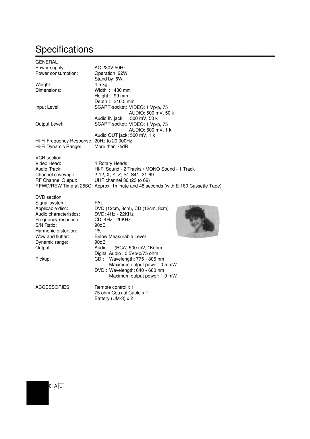 JVC HR-XV1EU manual Specifications, General, VCR section, DVD section, Accessories 