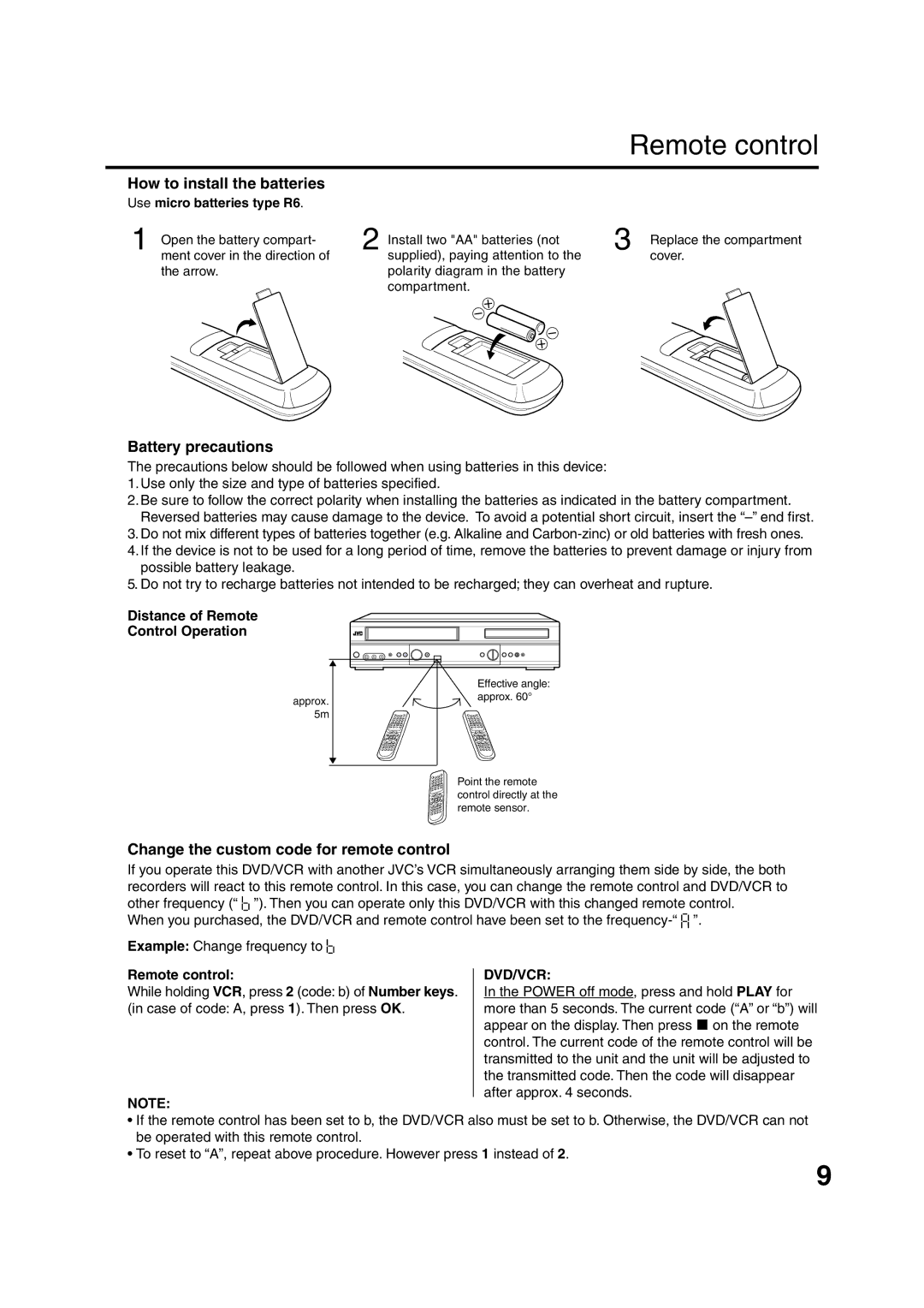 JVC HR-XV1EU Remote control, How to install the batteries, Battery precautions, Change the custom code for remote control 