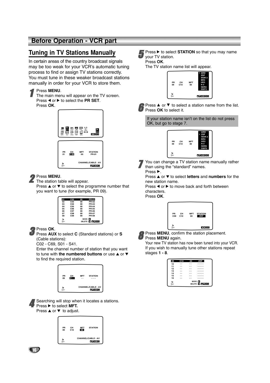 JVC HR-XV2E Before Operation VCR part Tuning in TV Stations Manually, Press 2 to select MFT Press 3 or 4 to adjust 