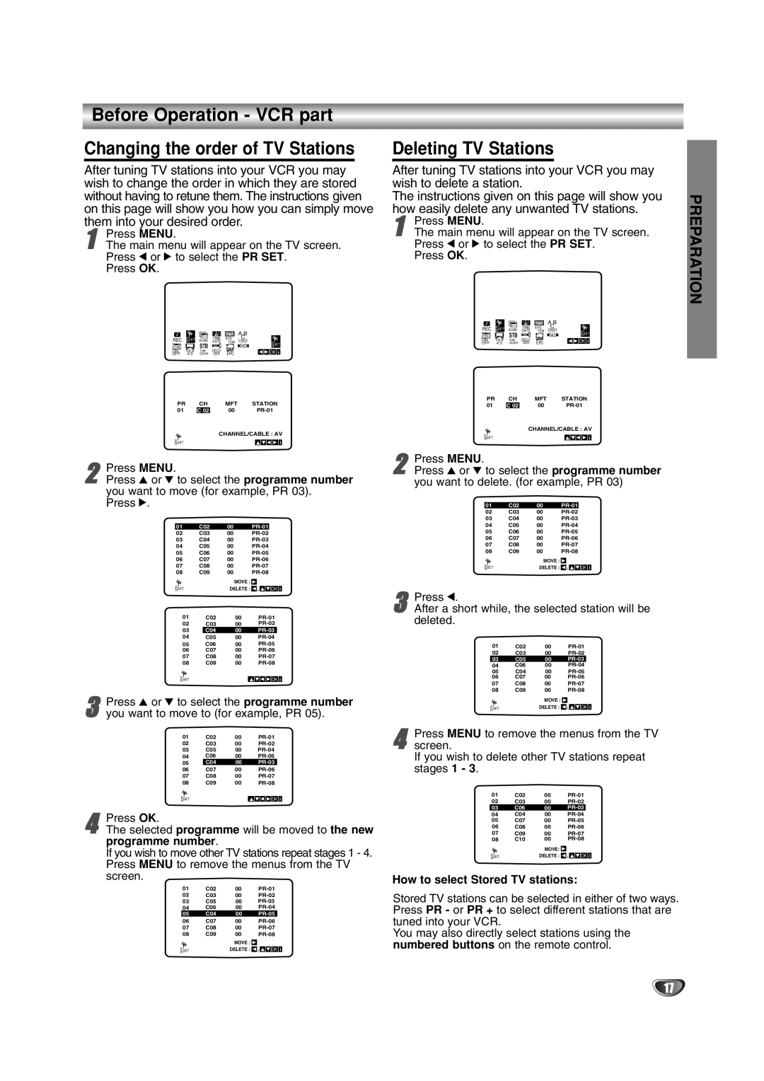 JVC HR-XV2E owner manual Before Operation VCR part Changing the order of TV Stations, Deleting TV Stations, Screen 