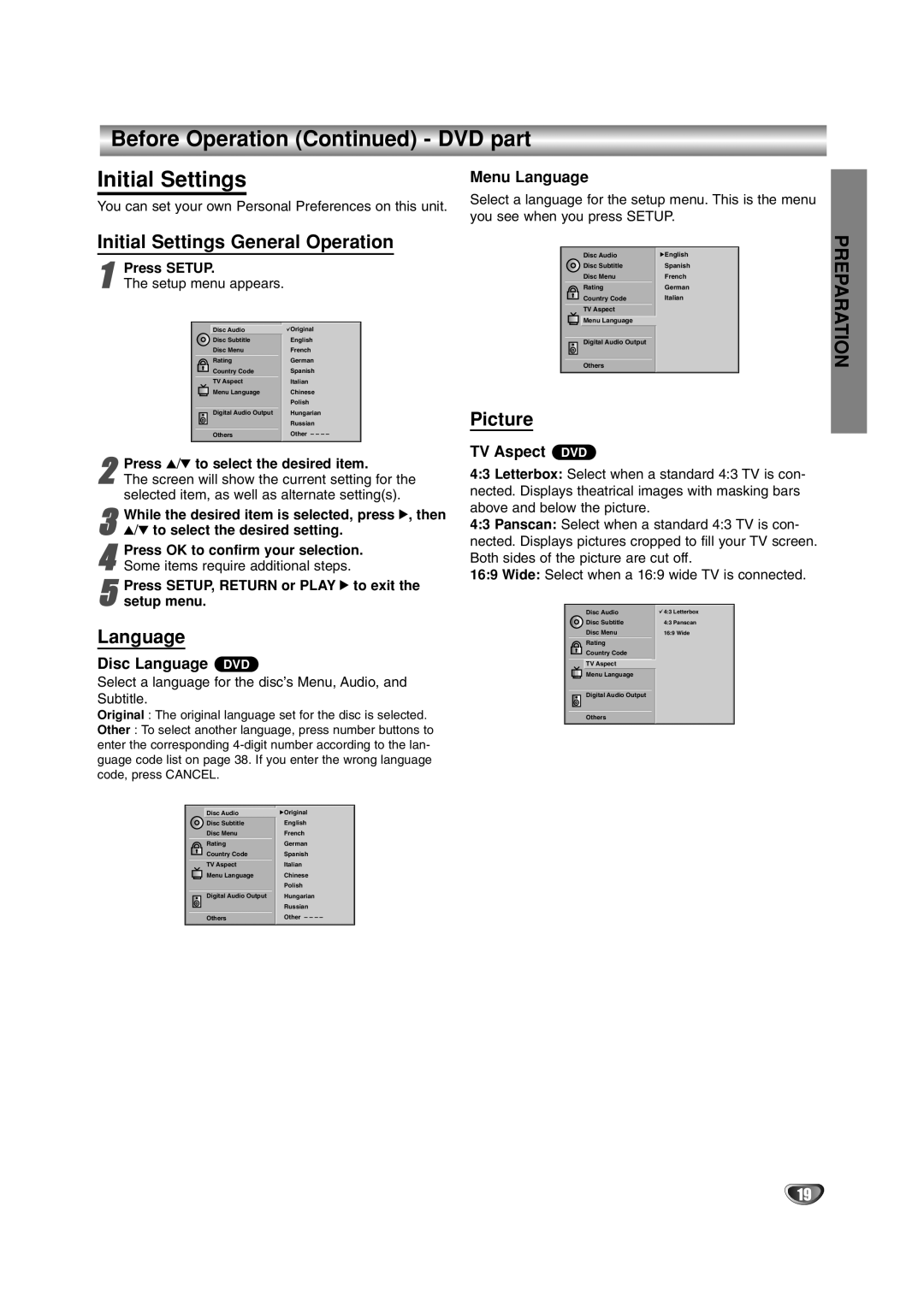 JVC HR-XV2E owner manual Before Operation DVD part Initial Settings, Initial Settings General Operation, Language, Picture 