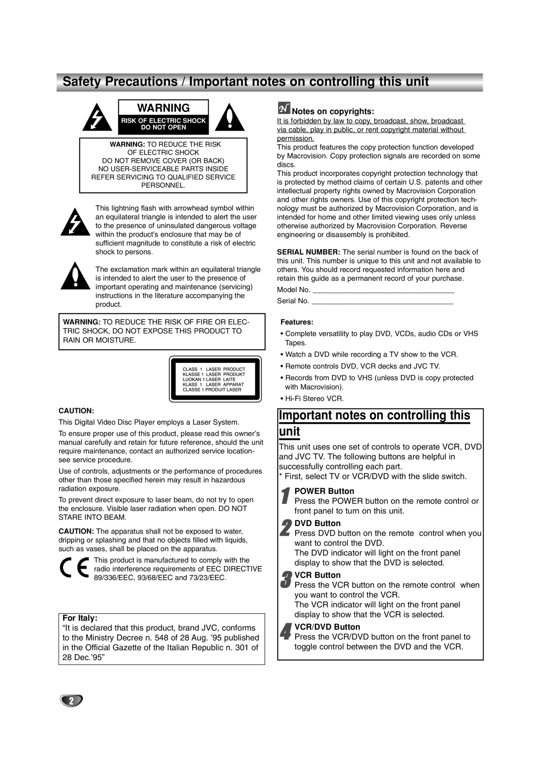 JVC HR-XV2E owner manual Important notes on controlling this unit, For Italy, VCR Button 