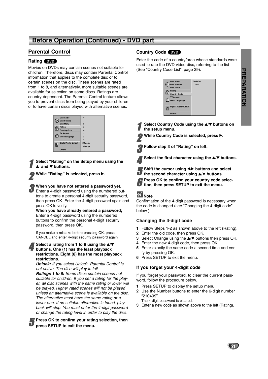 JVC HR-XV2E Parental Control, Rating DVD, Country Code DVD, Changing the 4-digit code, If you forget your 4-digit code 