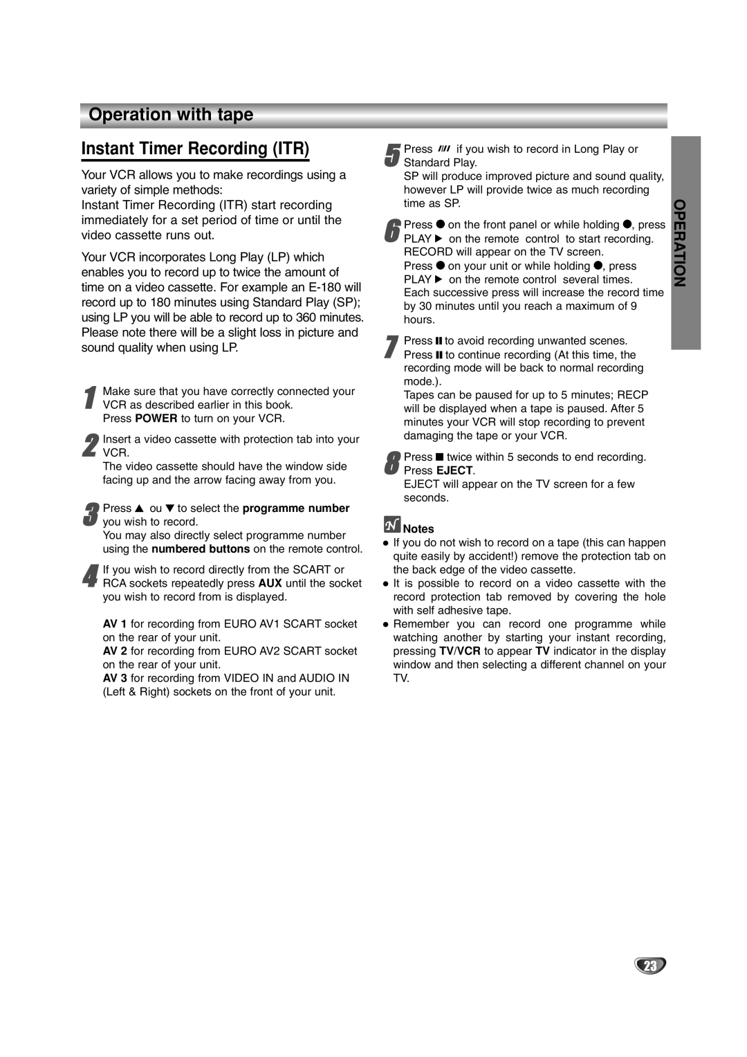 JVC HR-XV2E owner manual Operation with tape Instant Timer Recording ITR, Make sure that you have correctly connected your 