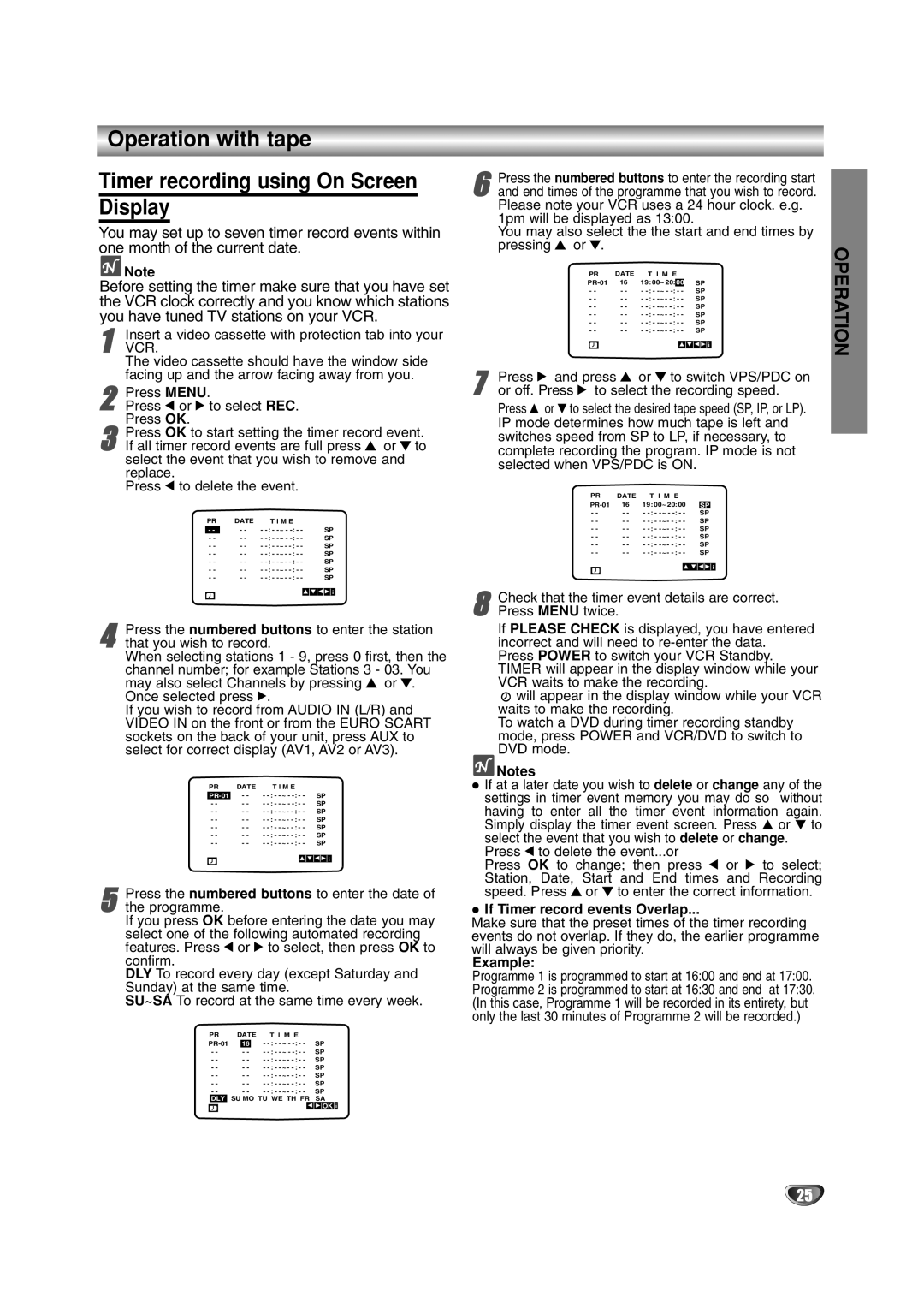 JVC HR-XV2E Operation with tape Timer recording using On Screen Display, If Timer record events Overlap, Example 