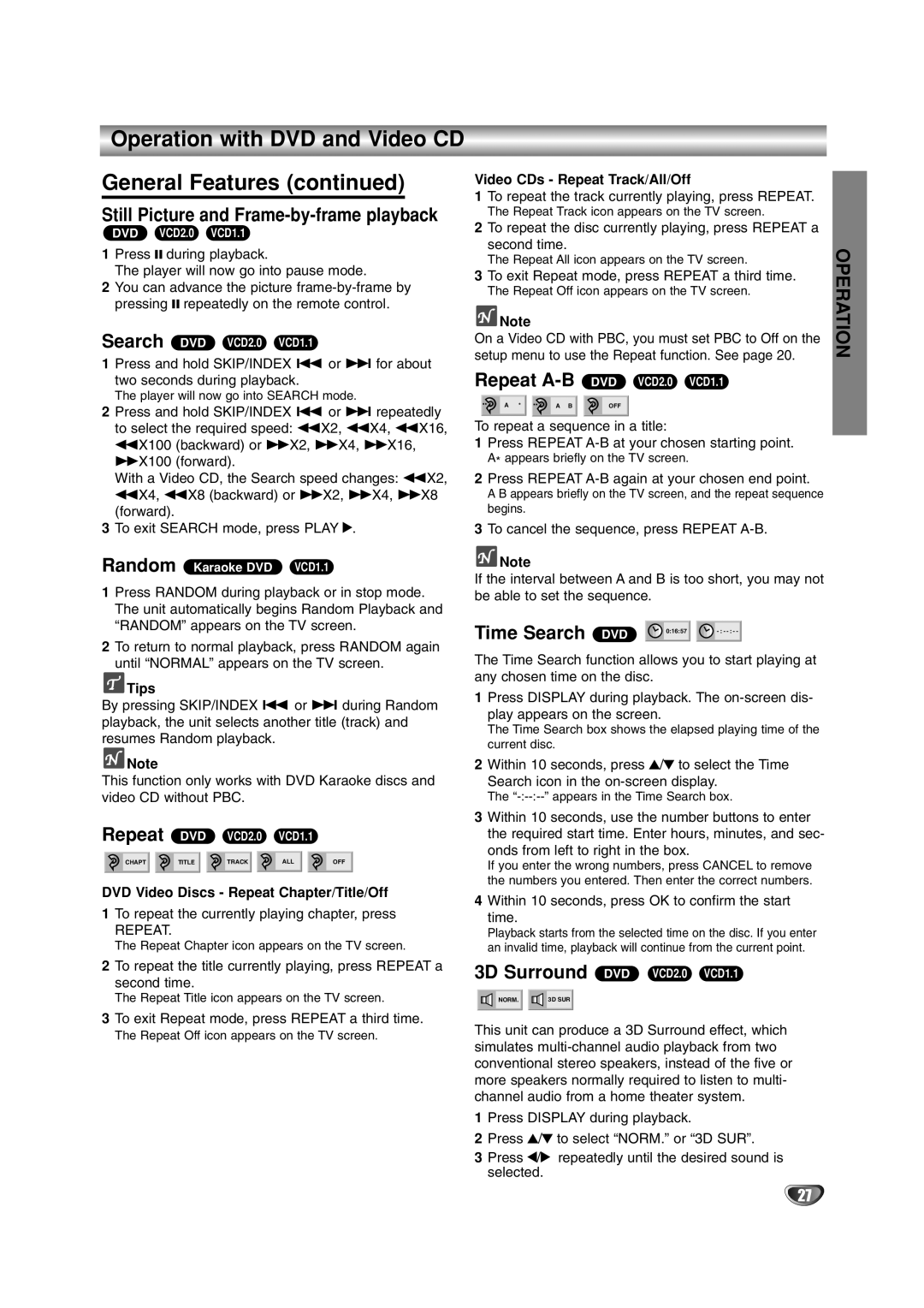 JVC HR-XV2E Operation with DVD and Video CD General Features, Still Picture and Frame-by-frame playback, Time Search 