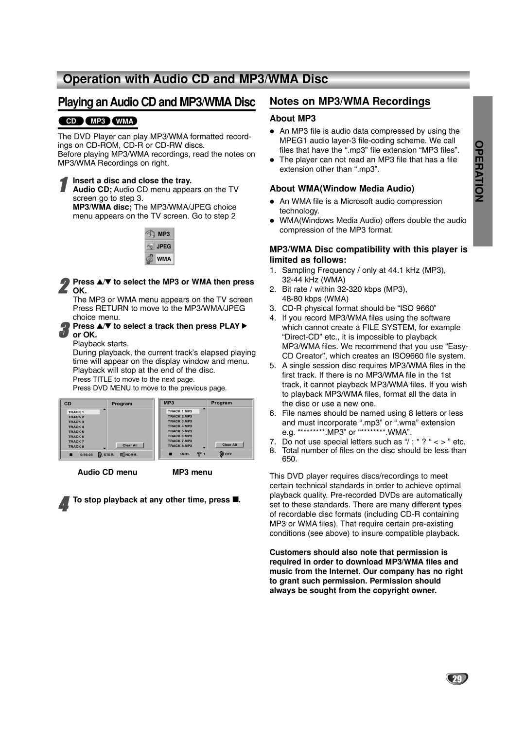 JVC HR-XV2E Operation with Audio CD and MP3/WMA Disc, About WMAWindow Media Audio, Insert a disc and close the tray 