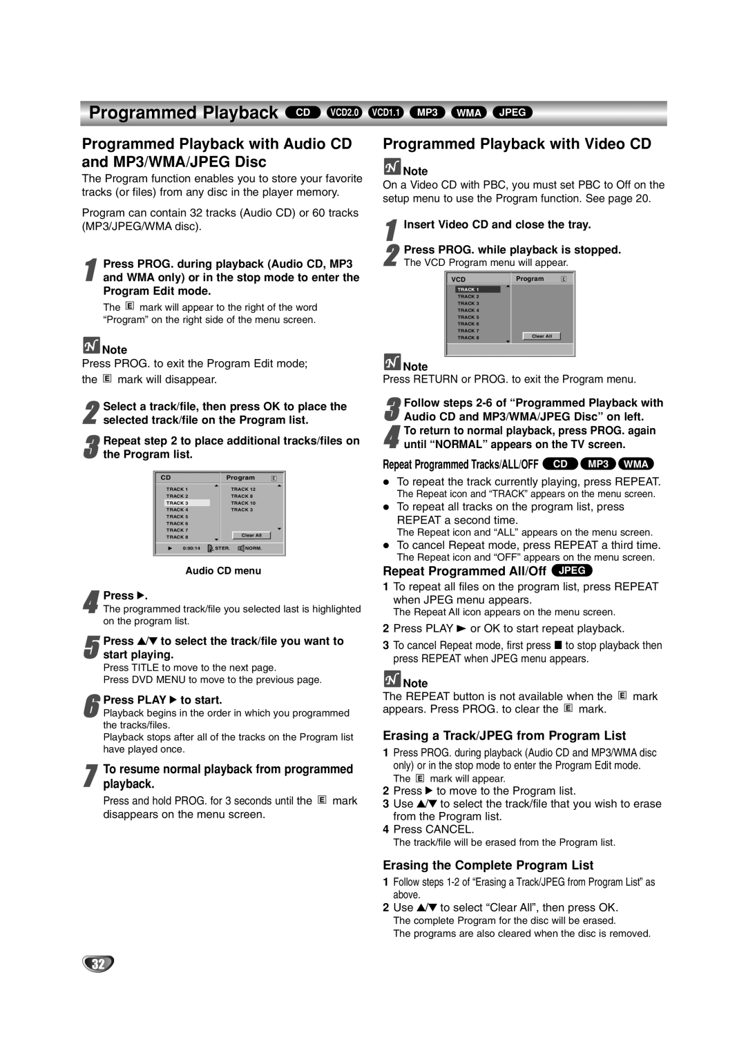 JVC HR-XV2E owner manual Programmed Playback with Audio CD and MP3/WMA/JPEG Disc, Programmed Playback with Video CD 