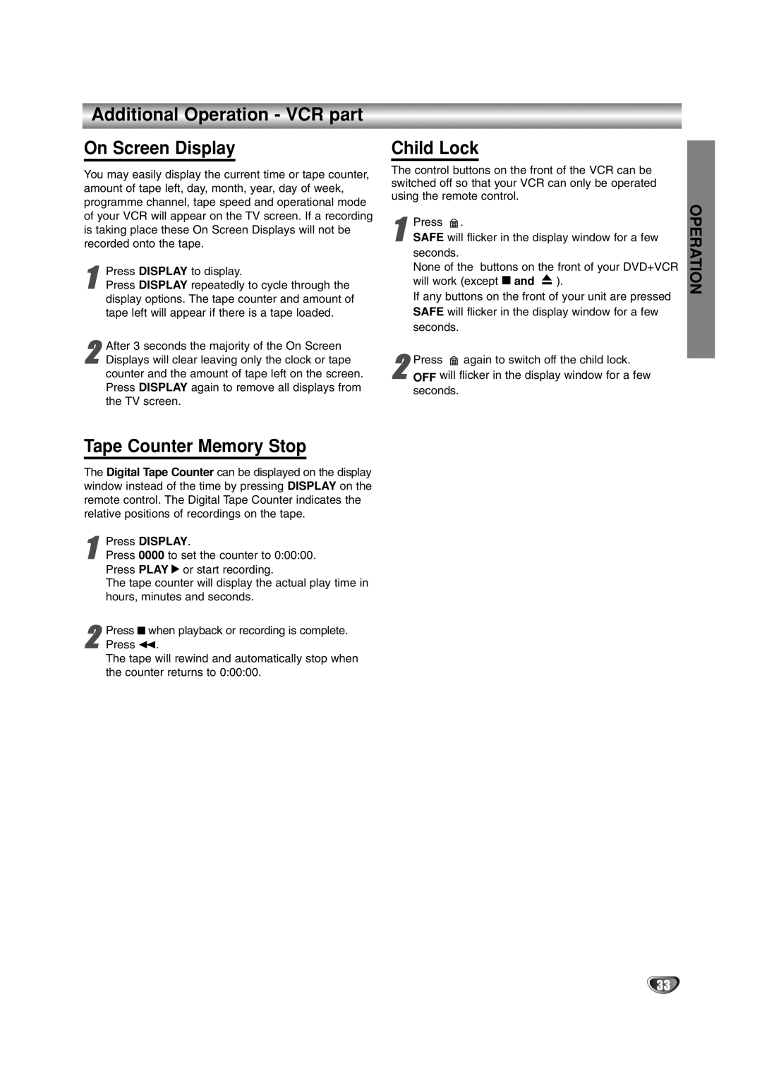 JVC HR-XV2E owner manual Additional Operation VCR part On Screen Display, Tape Counter Memory Stop, Child Lock 