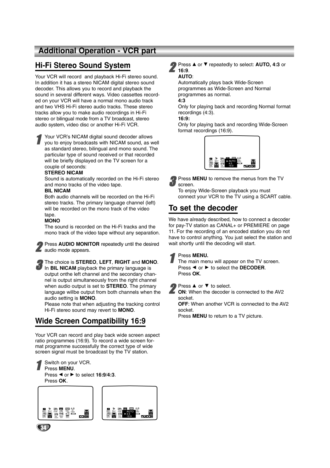 JVC HR-XV2E Additional Operation VCR part Hi-Fi Stereo Sound System, Wide Screen Compatibility, To set the decoder 