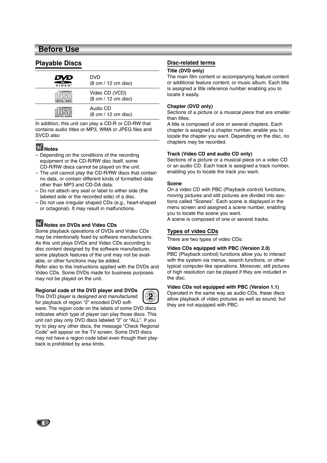 JVC HR-XV2E owner manual Before Use, Playable Discs, Disc-related terms, Types of video CDs 