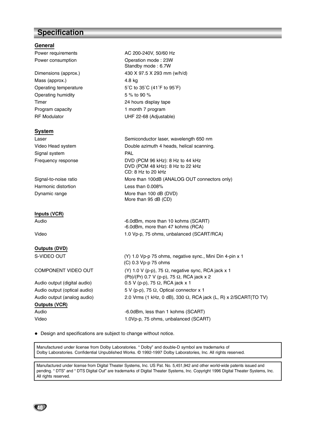 JVC HR-XV2E owner manual Specification, General, System 