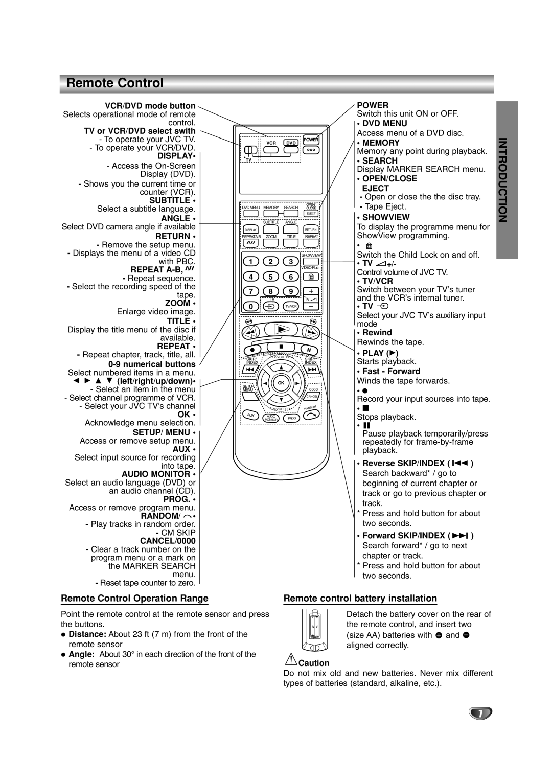 JVC HR-XV2E owner manual Remote Control Operation Range, Remote control battery installation 