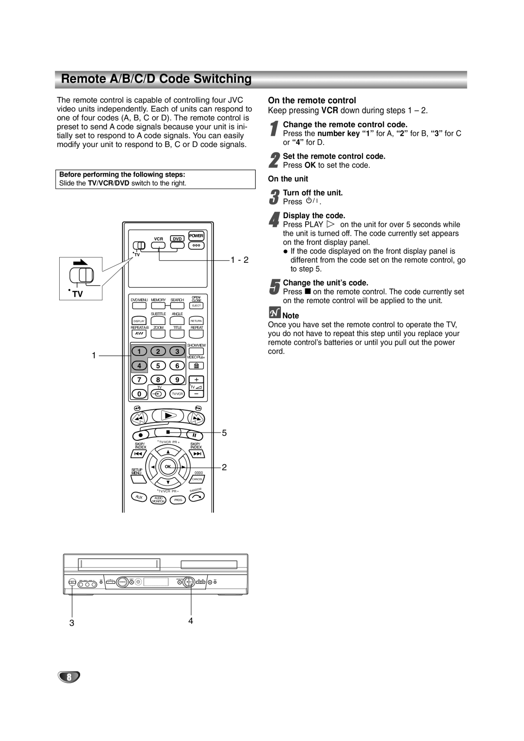 JVC HR-XV2E owner manual Remote A/B/C/D Code Switching, On the remote control, Set the remote control code, On the unit 