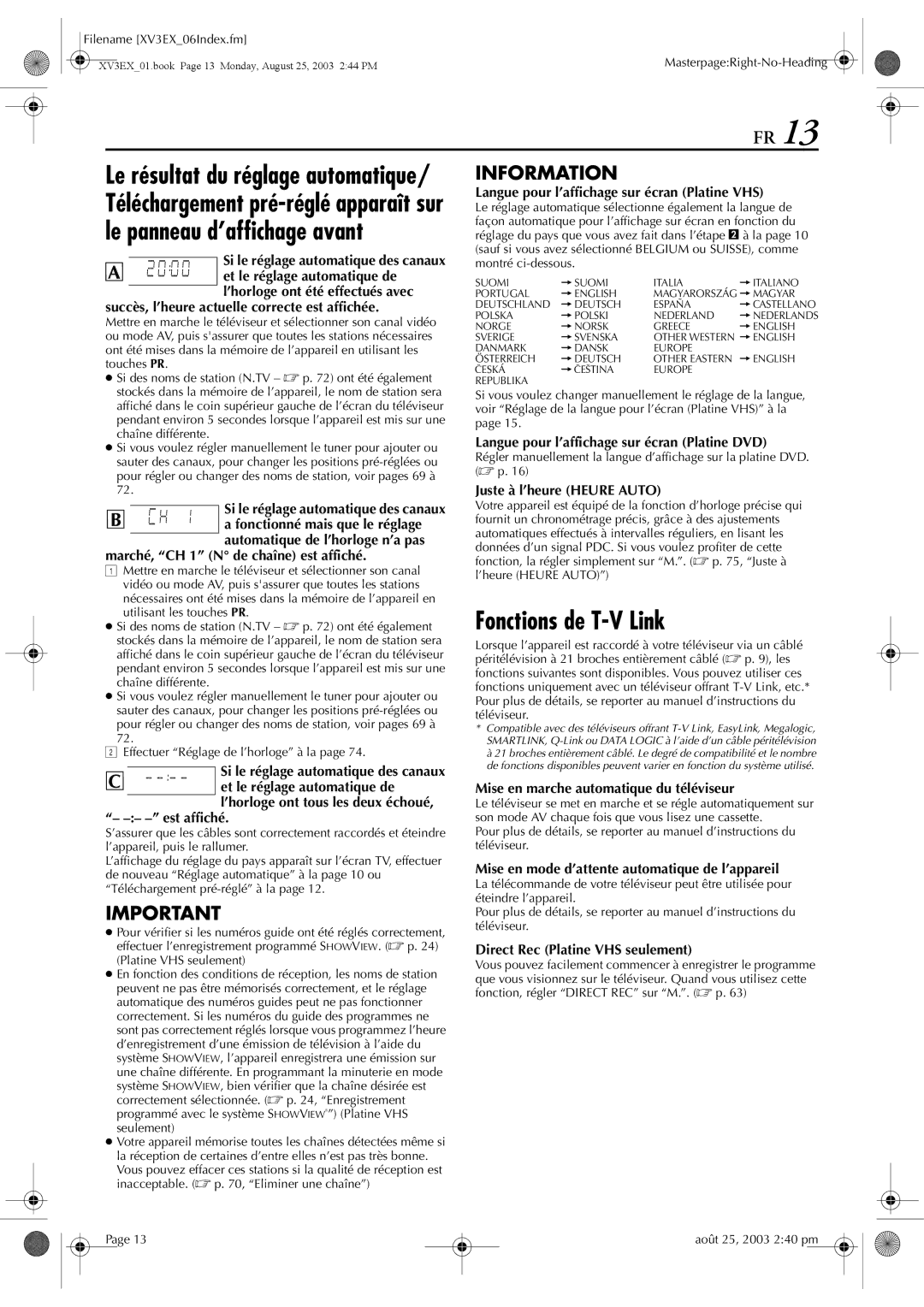 JVC HR-XV32E manuel dutilisation Le panneau d’affichage avant, Fonctions de T-V Link, Téléchargement pré-réglé apparaît sur 