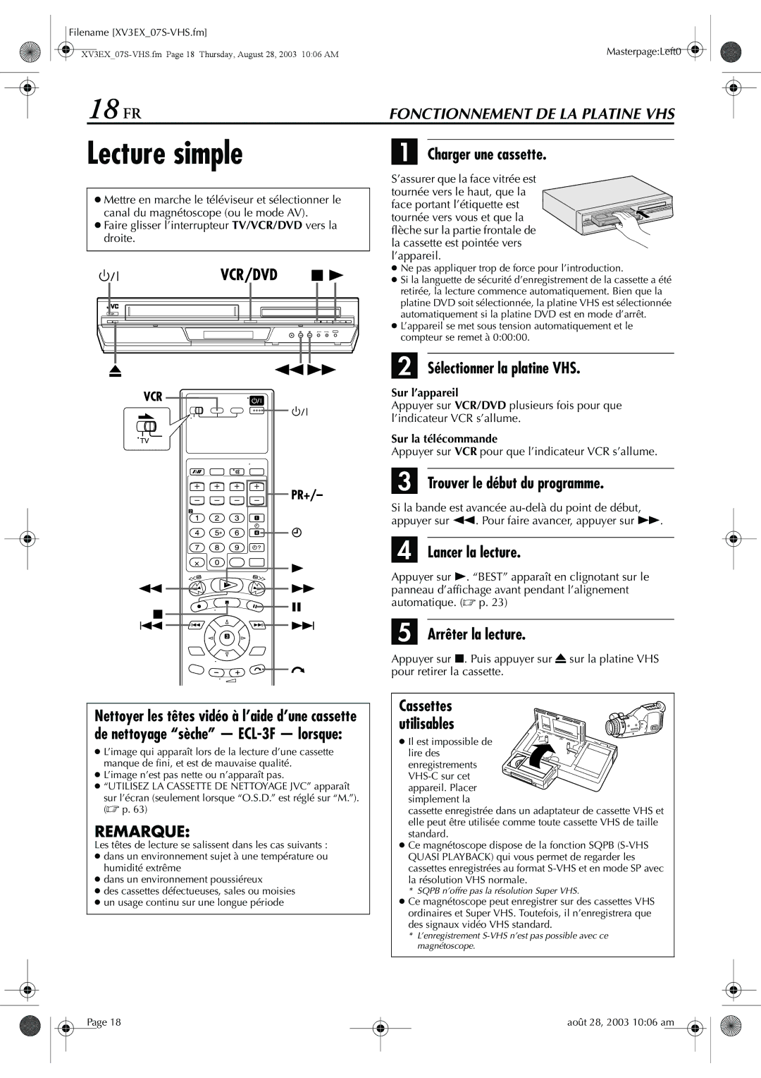 JVC HR-XV32E 18 FR, Trouver le début du programme, Lancer la lecture, Arrêter la lecture, Cassettes utilisables 