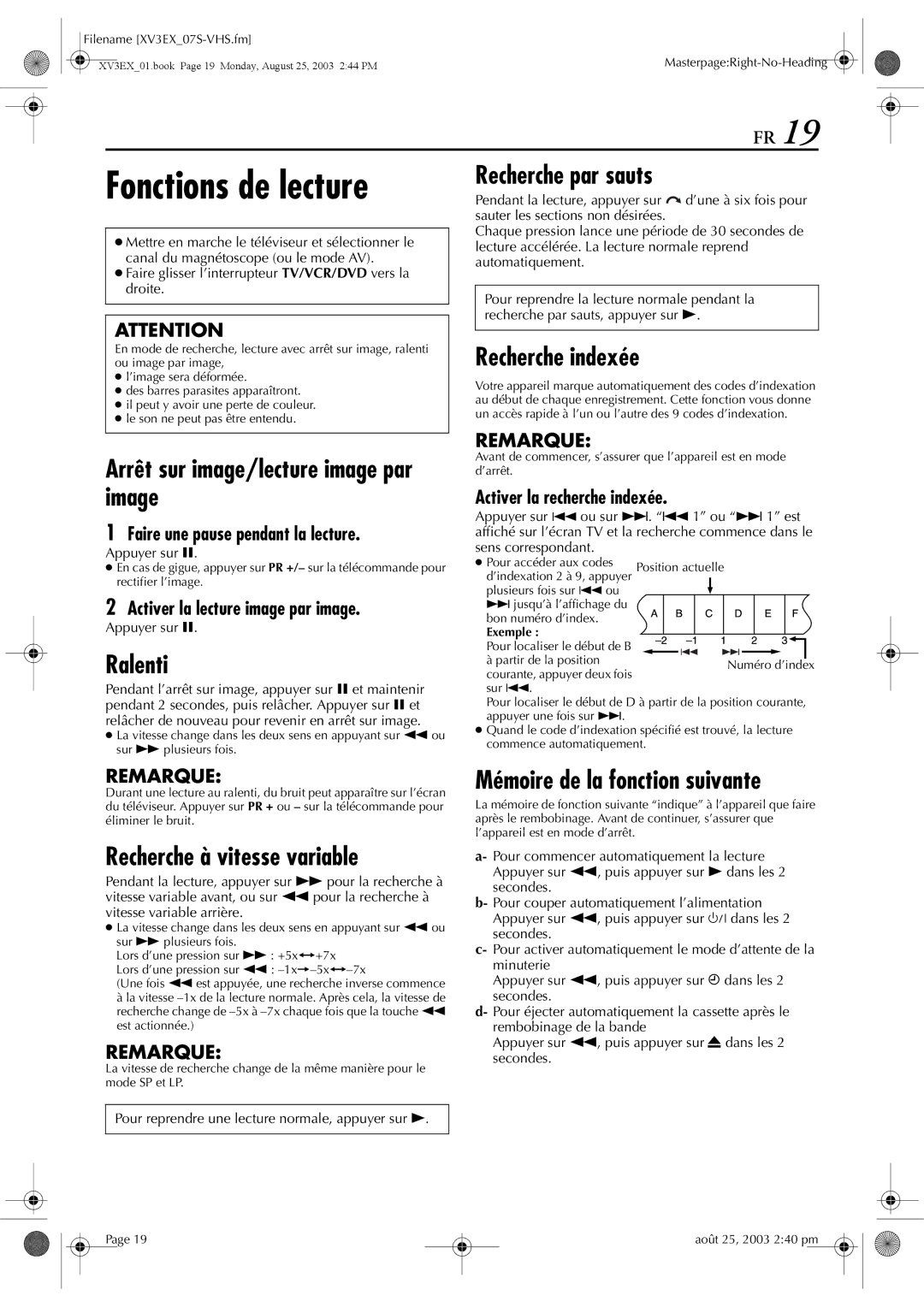 JVC HR-XV32E manuel dutilisation Fonctions de lecture 