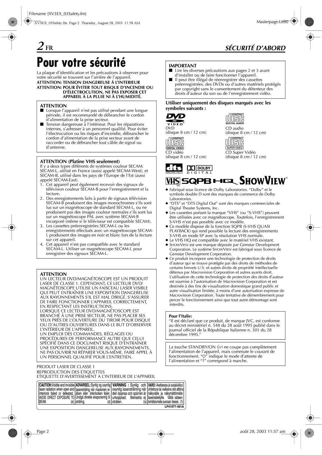 JVC HR-XV32E manuel dutilisation Pour votre sécurité, Pour l’Italie 