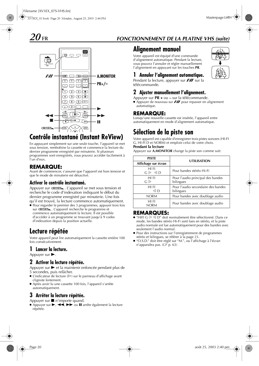 JVC HR-XV32E 20 FR, Alignement manuel, Lecture répétée, Sélection de la piste son, Contrôle instantané Instant ReView 