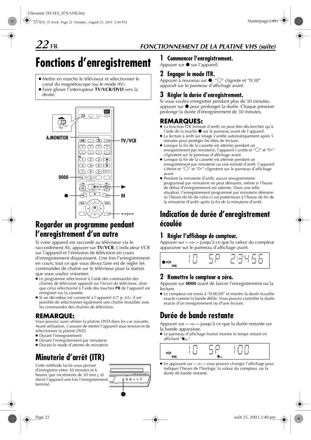 JVC HR-XV32E 22 FR, Indication de durée d’enregistrement écoulée, Durée de bande restante, Minuterie d’arrêt ITR 