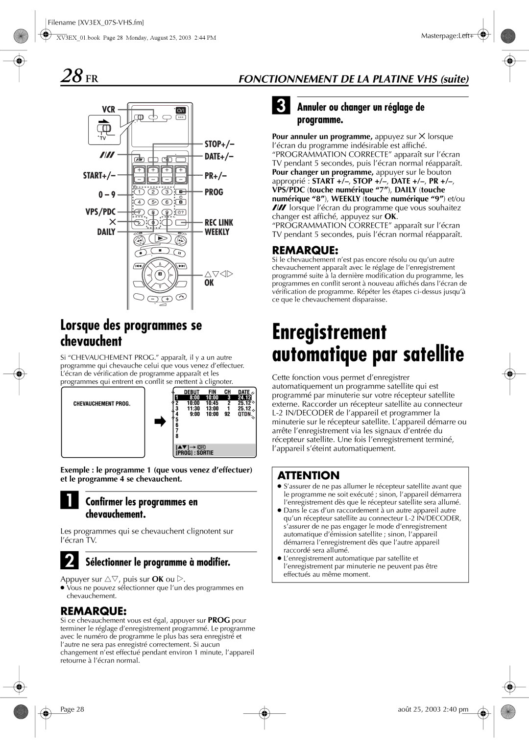 JVC HR-XV32E manuel dutilisation 28 FR, Lorsque des programmes se chevauchent, Annuler ou changer un réglage de programme 