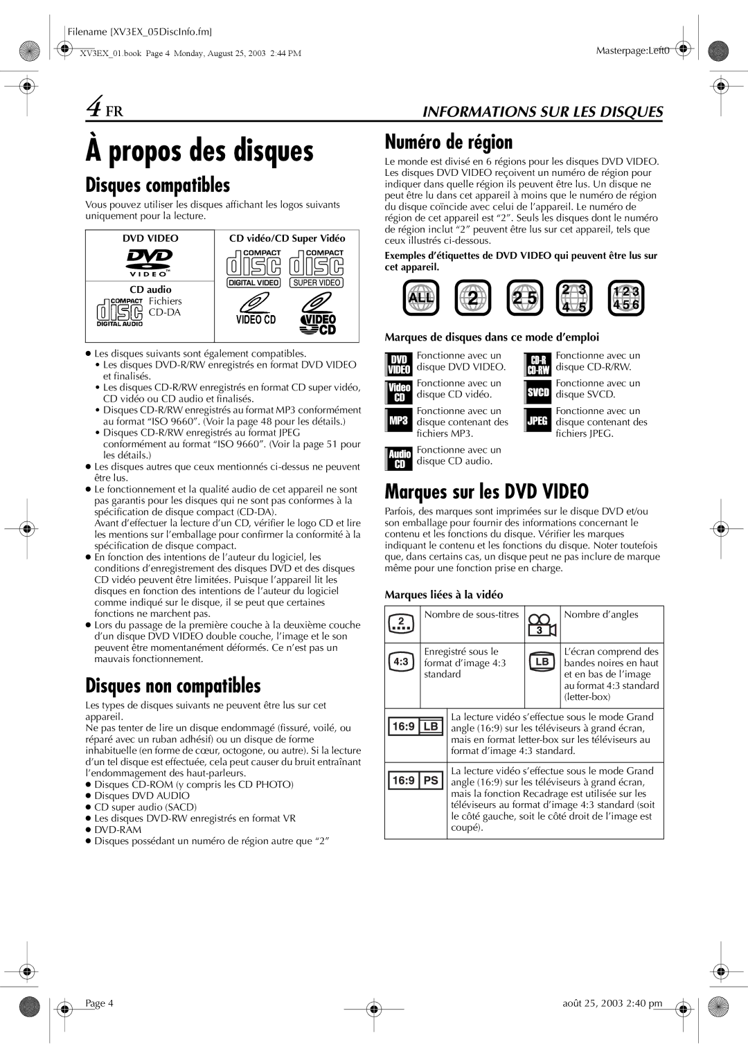 JVC HR-XV32E manuel dutilisation Disques compatibles, Numéro de région, Disques non compatibles, Marques sur les DVD Video 