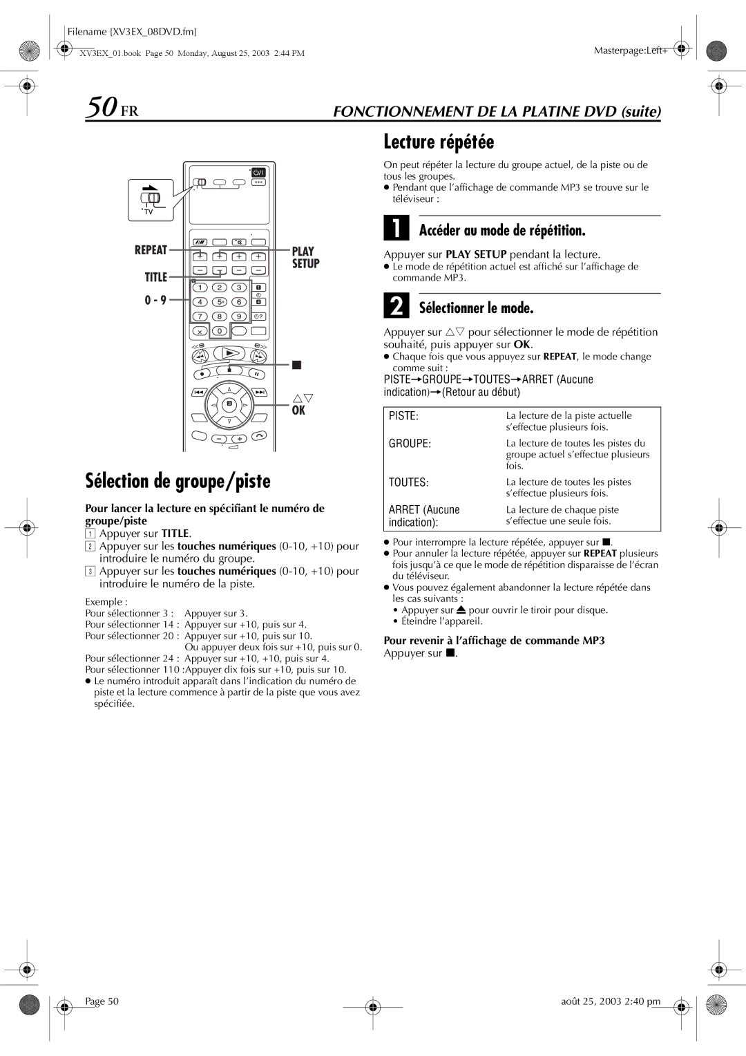 JVC HR-XV32E 50 FR, Lecture répétée Sélection de groupe/piste, Appuyer sur Play Setup pendant la lecture 