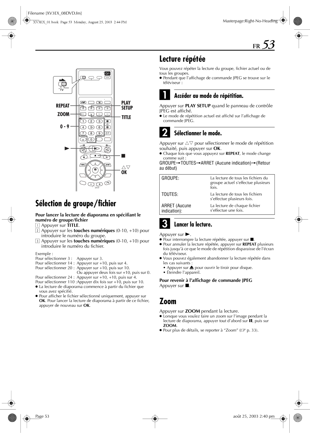 JVC HR-XV32E manuel dutilisation Lecture répétée Sélection de groupe/fichier, Pour revenir à l’affichage de commande Jpeg 