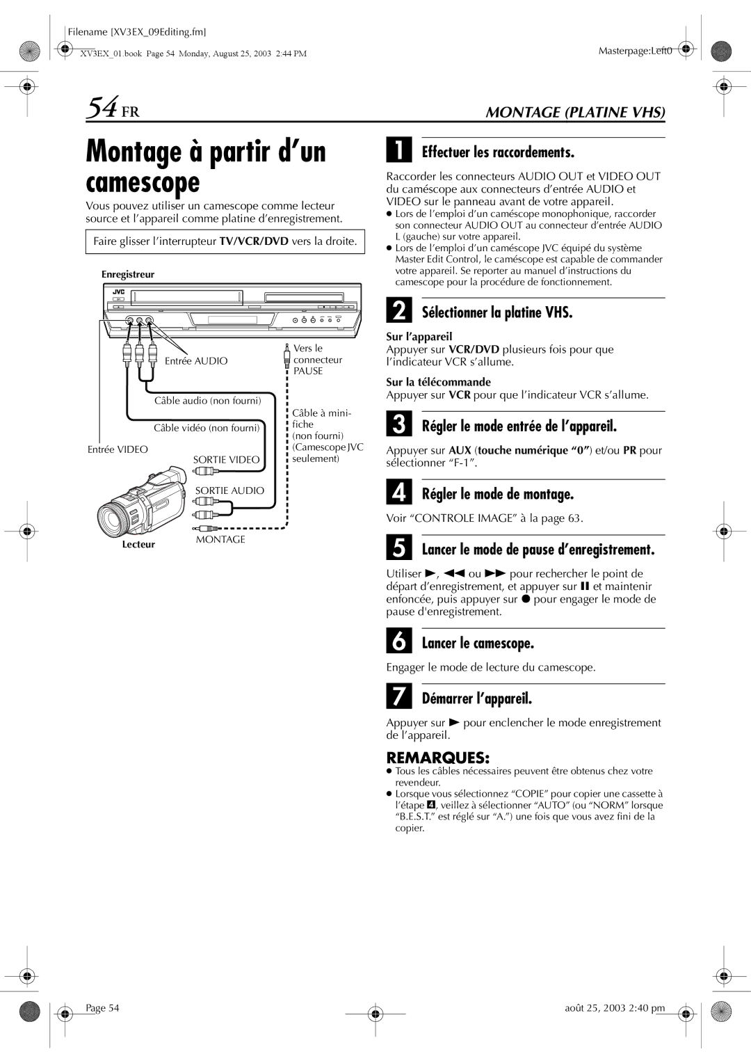 JVC HR-XV32E manuel dutilisation 54 FR, Camescope 